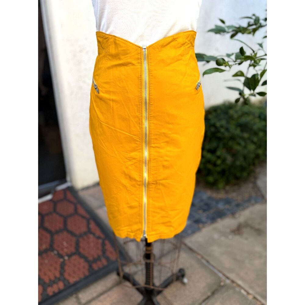 VTG 1980s Obssetion Mustard Leather High Waist Crinkle Zip Pencil Skirt Size 6